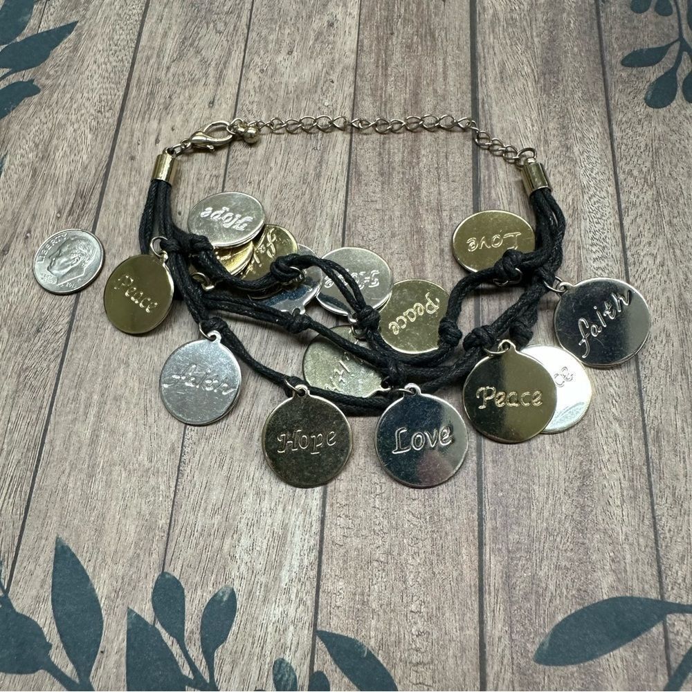 Black Triple Cord Peace‎ Love Faith Silver Gold Disc Bracelet Adjustable B1